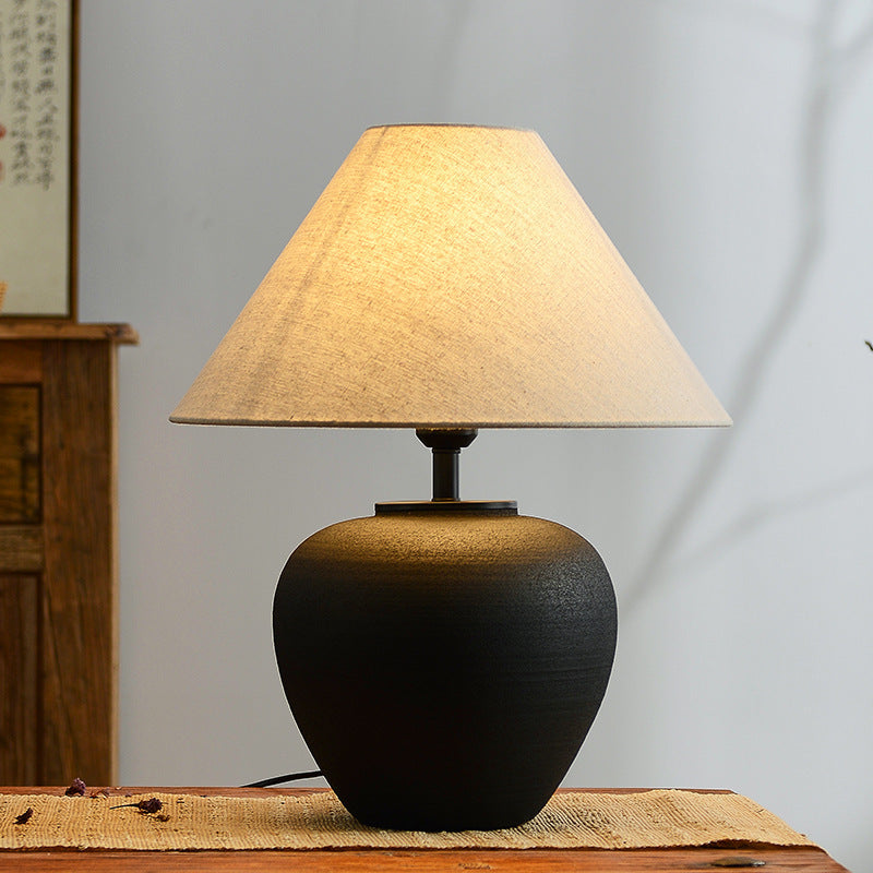 Traditional Japanese Drum Ceramic Fabric 1-Light Table Lamp For Living Room