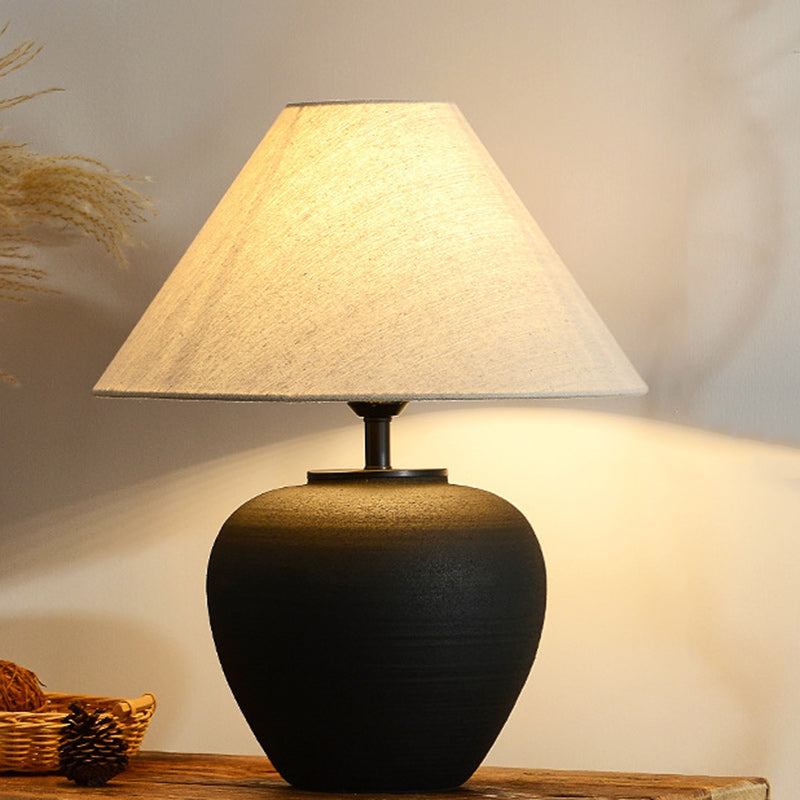 Traditional Japanese Drum Ceramic Fabric 1-Light Table Lamp For Living Room