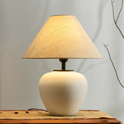 Traditional Japanese Drum Ceramic Fabric 1-Light Table Lamp For Living Room