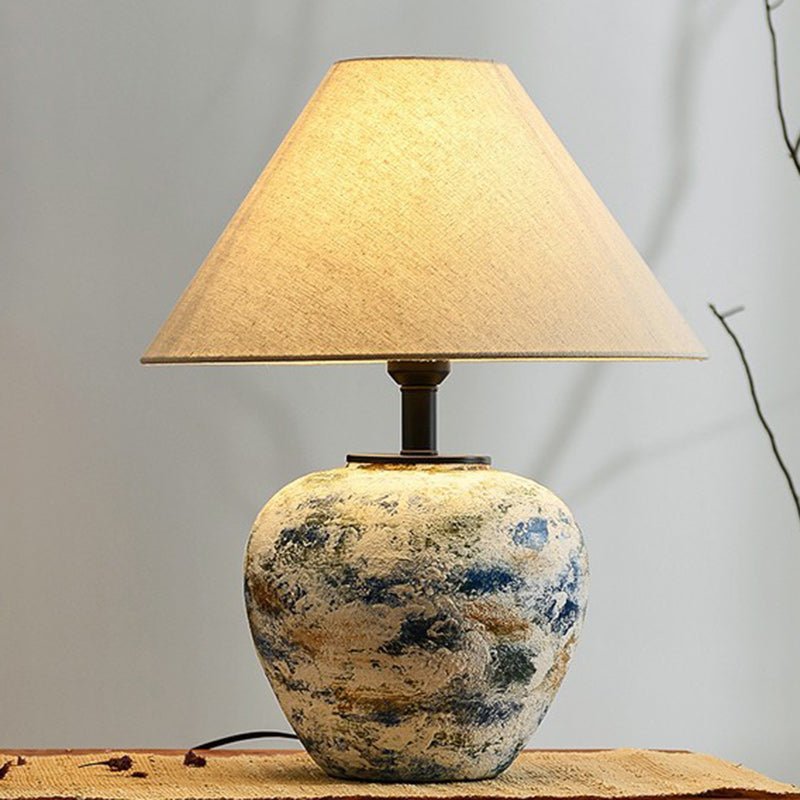 Traditional Japanese Drum Ceramic Fabric 1-Light Table Lamp For Living Room