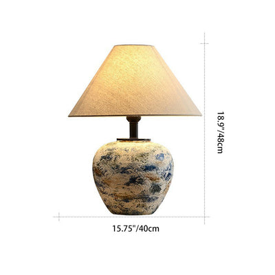 Traditional Japanese Drum Ceramic Fabric 1-Light Table Lamp For Living Room