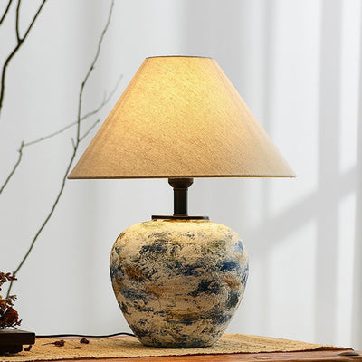 Traditional Japanese Drum Ceramic Fabric 1-Light Table Lamp For Living Room