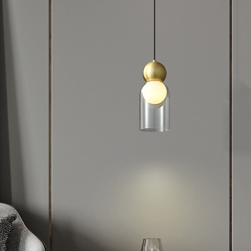 Lámpara colgante contemporánea de lujo cilindro ovalado de cobre y vidrio de 1 luz para sala de estar 