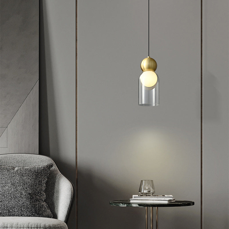 Lámpara colgante contemporánea de lujo cilindro ovalado de cobre y vidrio de 1 luz para sala de estar 