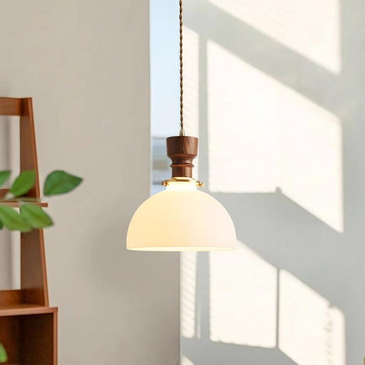 Lámpara colgante de 1 luz de vidrio y madera de cobre con cúpula francesa tradicional para sala de estar 