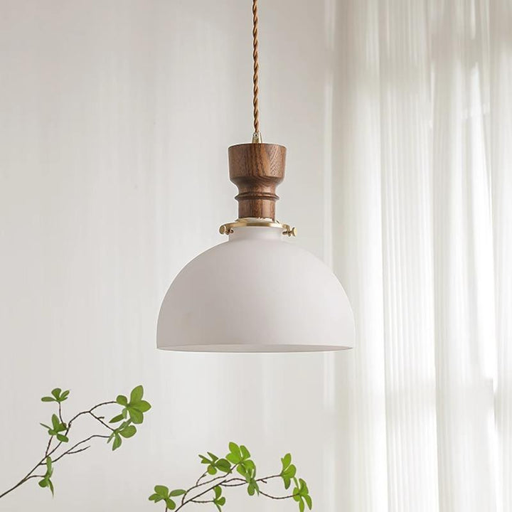 Lámpara colgante de 1 luz de vidrio y madera de cobre con cúpula francesa tradicional para sala de estar 