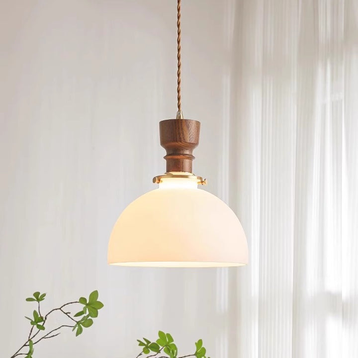 Lámpara colgante de 1 luz de vidrio y madera de cobre con cúpula francesa tradicional para sala de estar 