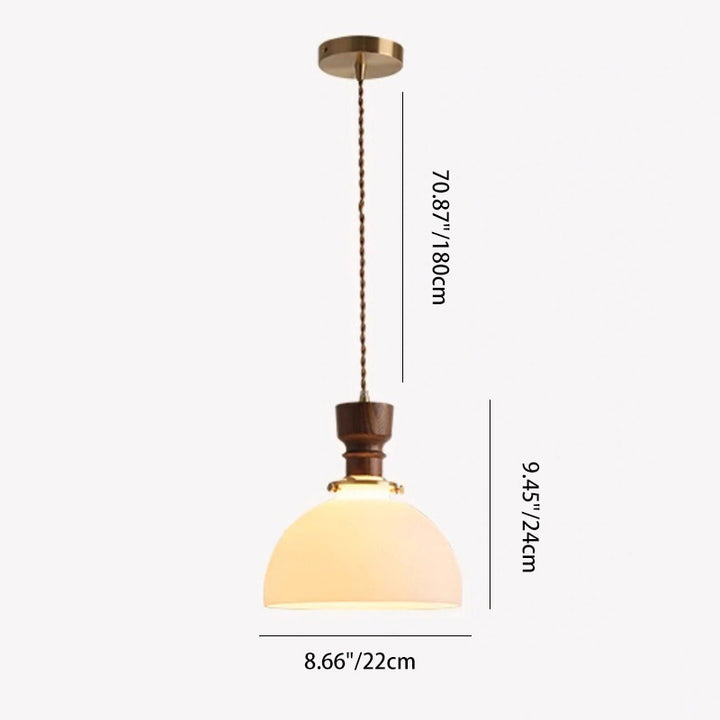 Lámpara colgante de 1 luz de vidrio y madera de cobre con cúpula francesa tradicional para sala de estar 