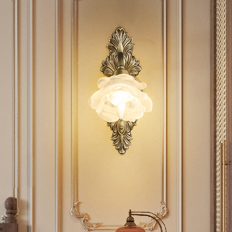 Lámpara Aplique de Pared de 1 Luz de Vidrio de Cobre con Flor Europea Tradicional Para Sala de Estar 