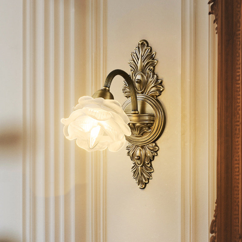 Lámpara Aplique de Pared de 1 Luz de Vidrio de Cobre con Flor Europea Tradicional Para Sala de Estar 