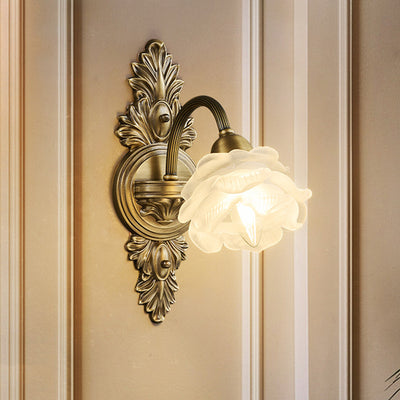 Lámpara Aplique de Pared de 1 Luz de Vidrio de Cobre con Flor Europea Tradicional Para Sala de Estar 