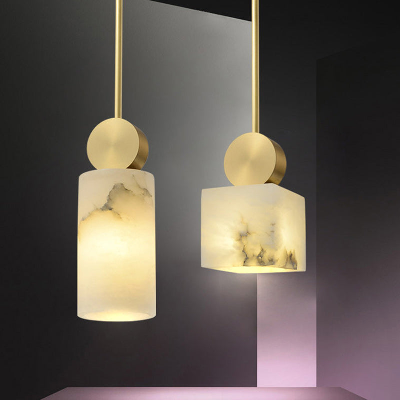 Modern Minimalist Square Cylinder Copper Stone 1-Light Pendant Light For Living Room