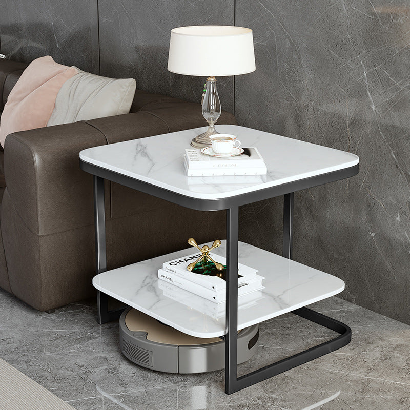 Table de bout contemporain en dalle de roche carrée en fer nordique à 2 niveaux pour salon 