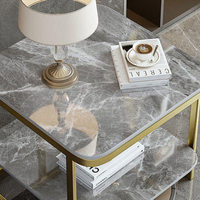 Table de bout contemporain en dalle de roche carrée en fer nordique à 2 niveaux pour salon 