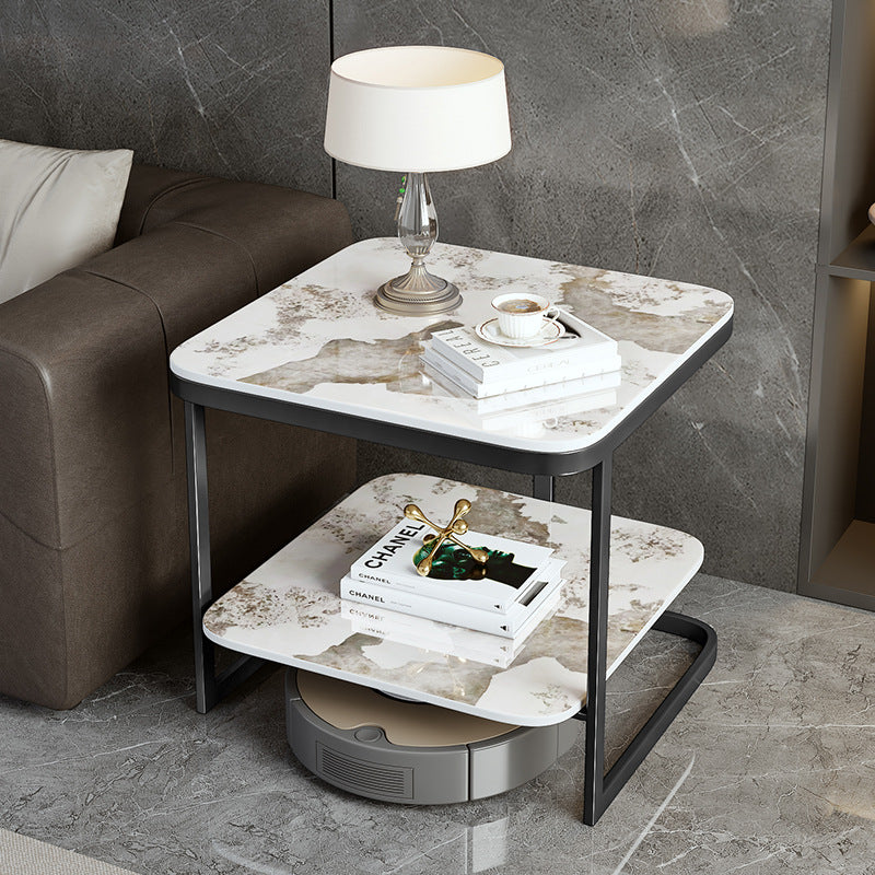 Table de bout contemporain en dalle de roche carrée en fer nordique à 2 niveaux pour salon 