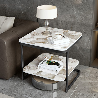 Table de bout contemporain en dalle de roche carrée en fer nordique à 2 niveaux pour salon 
