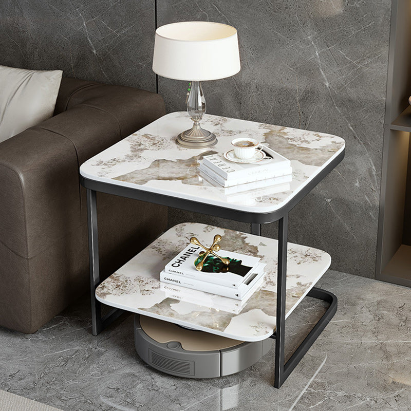 Table de bout contemporain en dalle de roche carrée en fer nordique à 2 niveaux pour salon 