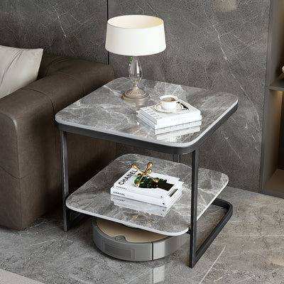 Table de bout contemporain en dalle de roche carrée en fer nordique à 2 niveaux pour salon 
