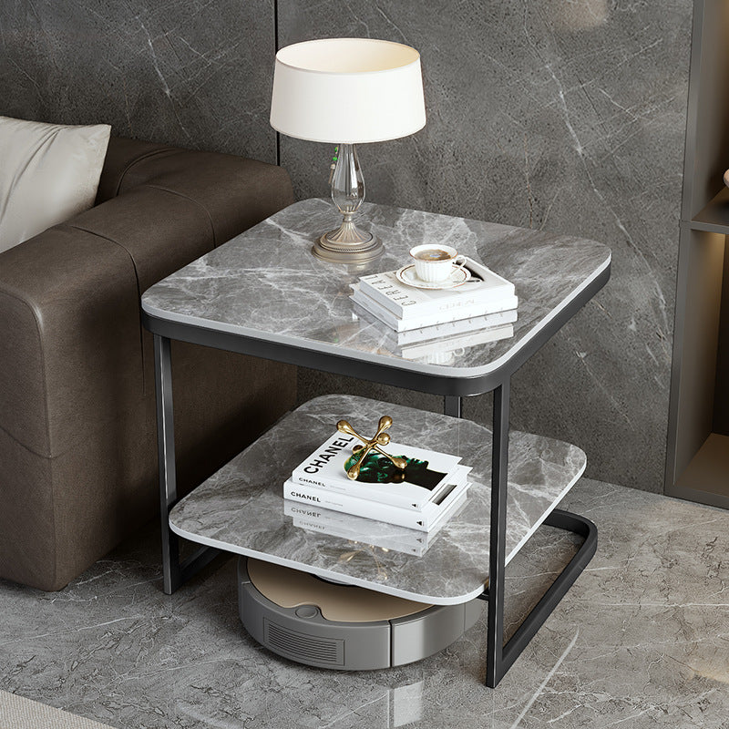 Table de bout contemporain en dalle de roche carrée en fer nordique à 2 niveaux pour salon 