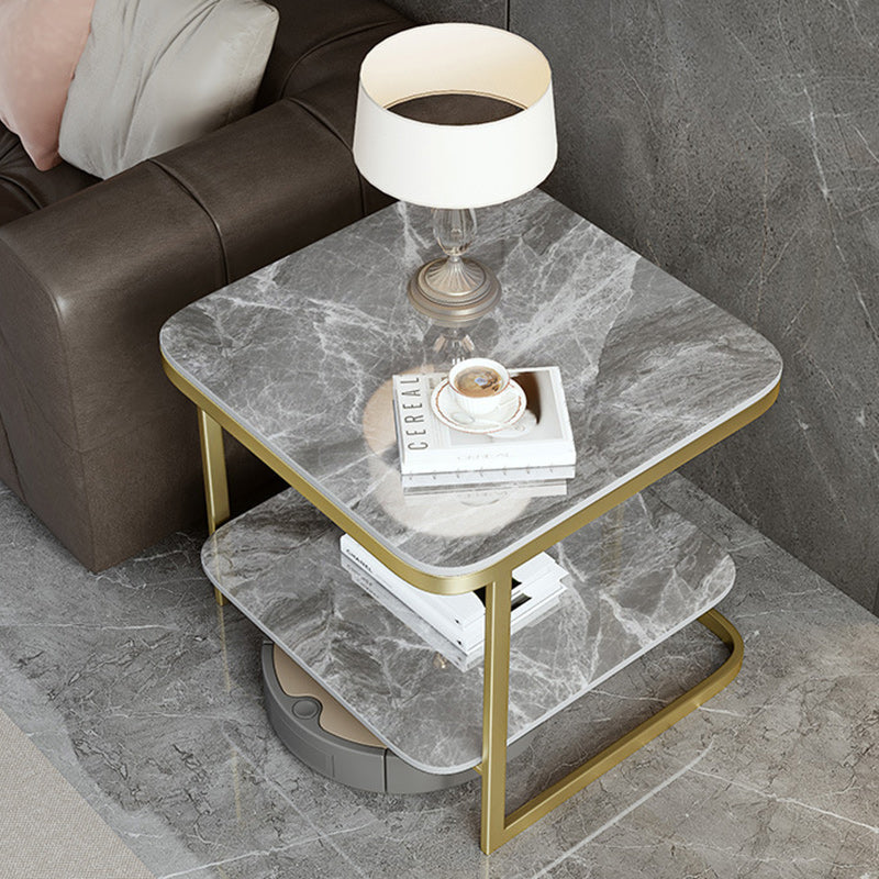 Table de bout contemporain en dalle de roche carrée en fer nordique à 2 niveaux pour salon 