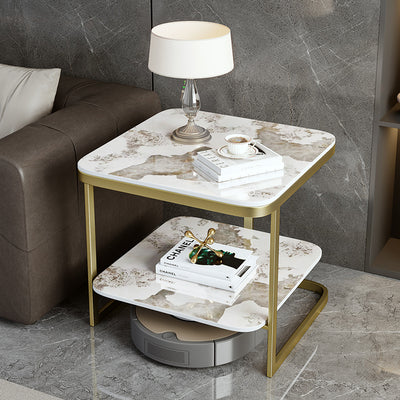 Table de bout contemporain en dalle de roche carrée en fer nordique à 2 niveaux pour salon 