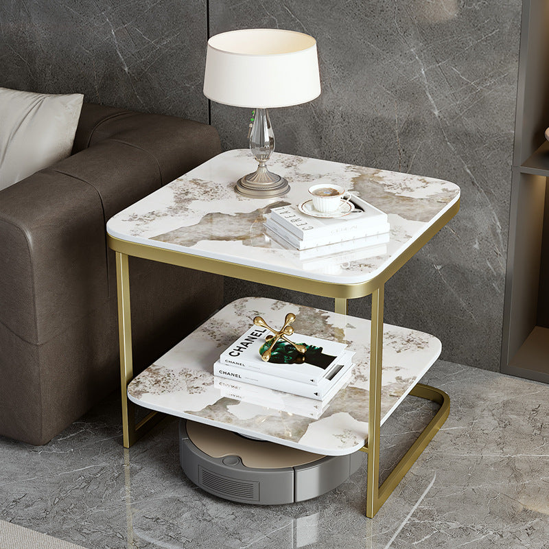 Table de bout contemporain en dalle de roche carrée en fer nordique à 2 niveaux pour salon 