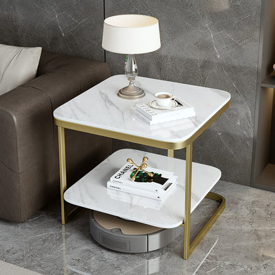 Table de bout contemporain en dalle de roche carrée en fer nordique à 2 niveaux pour salon 