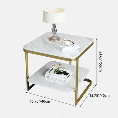 Table de bout contemporain en dalle de roche carrée en fer nordique à 2 niveaux pour salon 