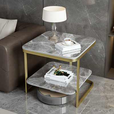 Table de bout contemporain en dalle de roche carrée en fer nordique à 2 niveaux pour salon 