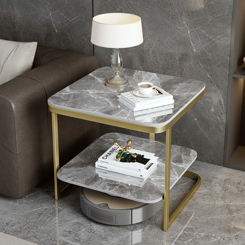 Table de bout contemporain en dalle de roche carrée en fer nordique à 2 niveaux pour salon 
