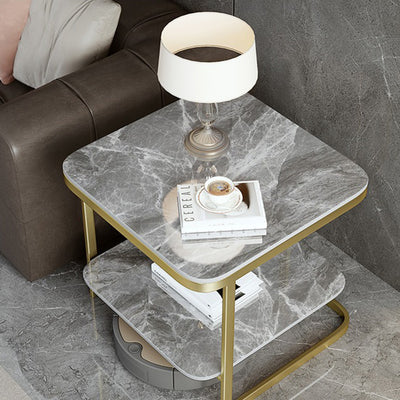 Table de bout contemporain en dalle de roche carrée en fer nordique à 2 niveaux pour salon 