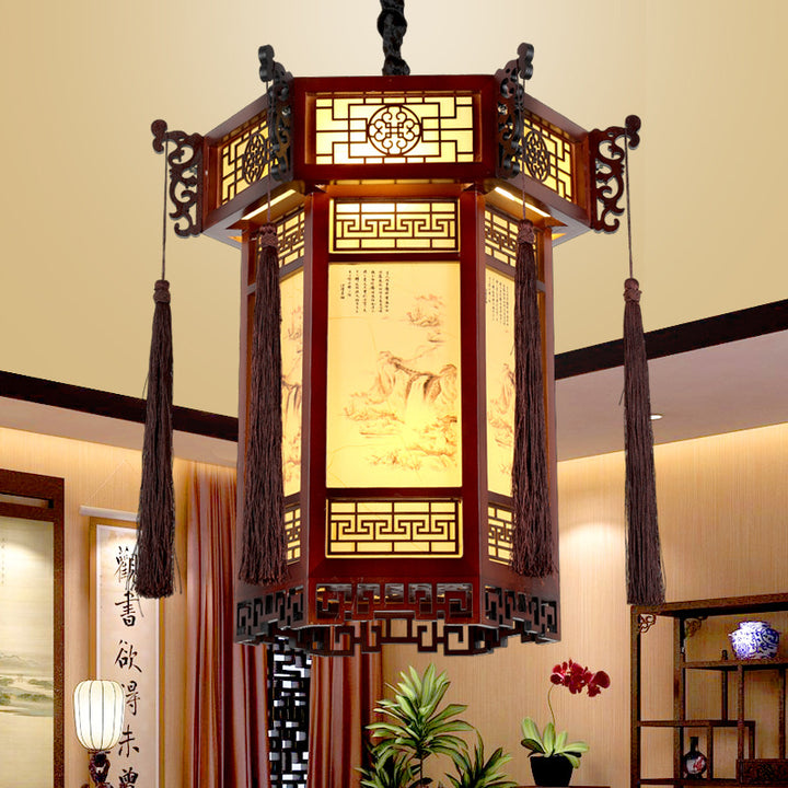 Lustre suspendu 1 lumière en papier de bois hexagonal chinois traditionnel pour salon 