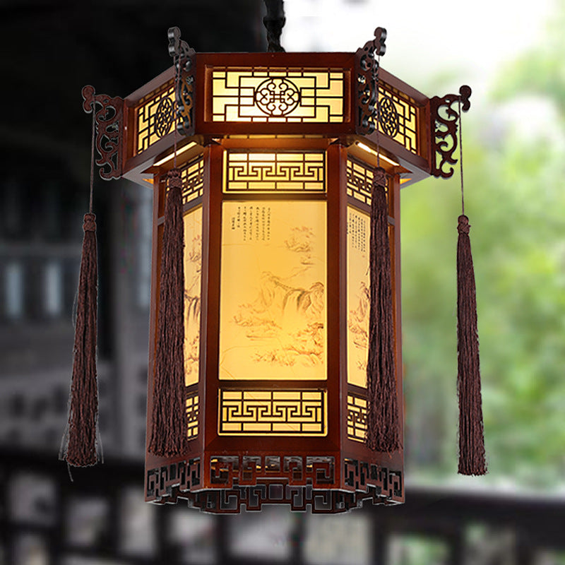 Traditional Chinese Hexagon Wood Paper 1-Light Pendant Light For Living Room
