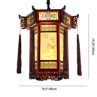 Traditional Chinese Hexagon Wood Paper 1-Light Pendant Light For Living Room