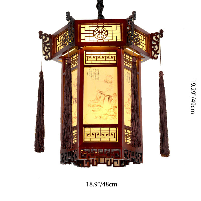 Traditional Chinese Hexagon Wood Paper 1-Light Pendant Light For Living Room