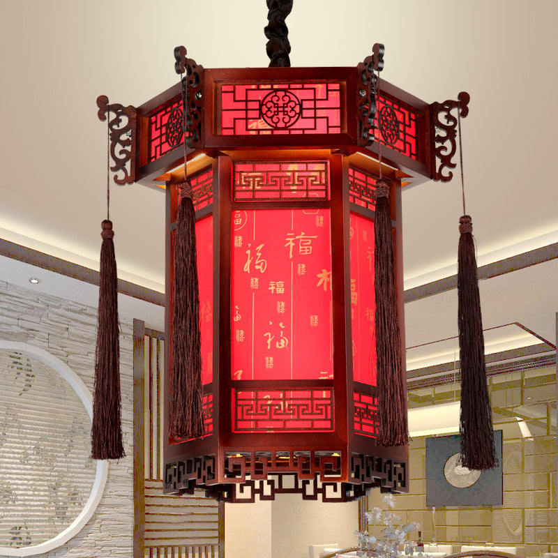 Traditional Chinese Hexagon Wood Paper 1-Light Pendant Light For Living Room