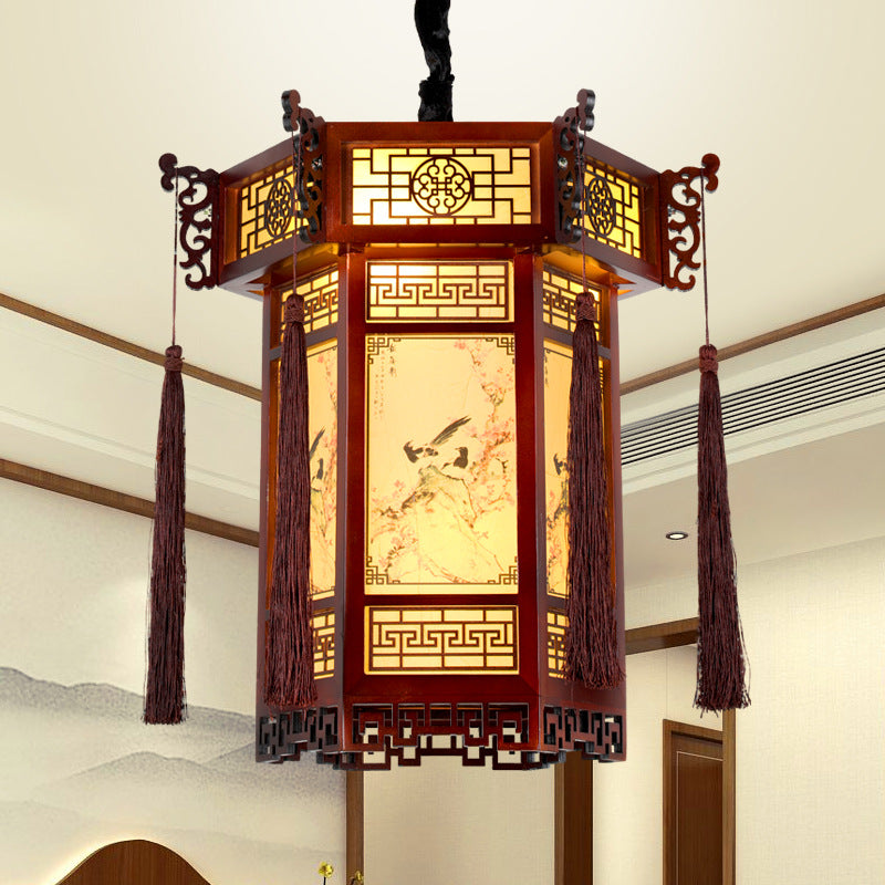 Traditional Chinese Hexagon Wood Paper 1-Light Pendant Light For Living Room