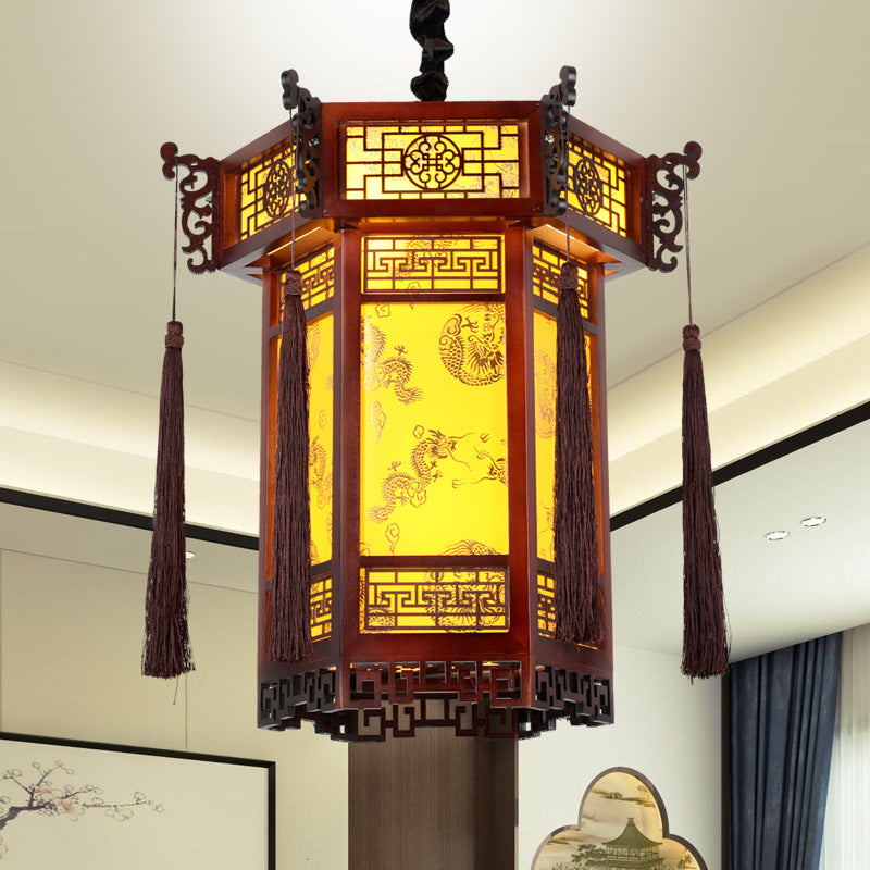 Traditional Chinese Hexagon Wood Paper 1-Light Pendant Light For Living Room