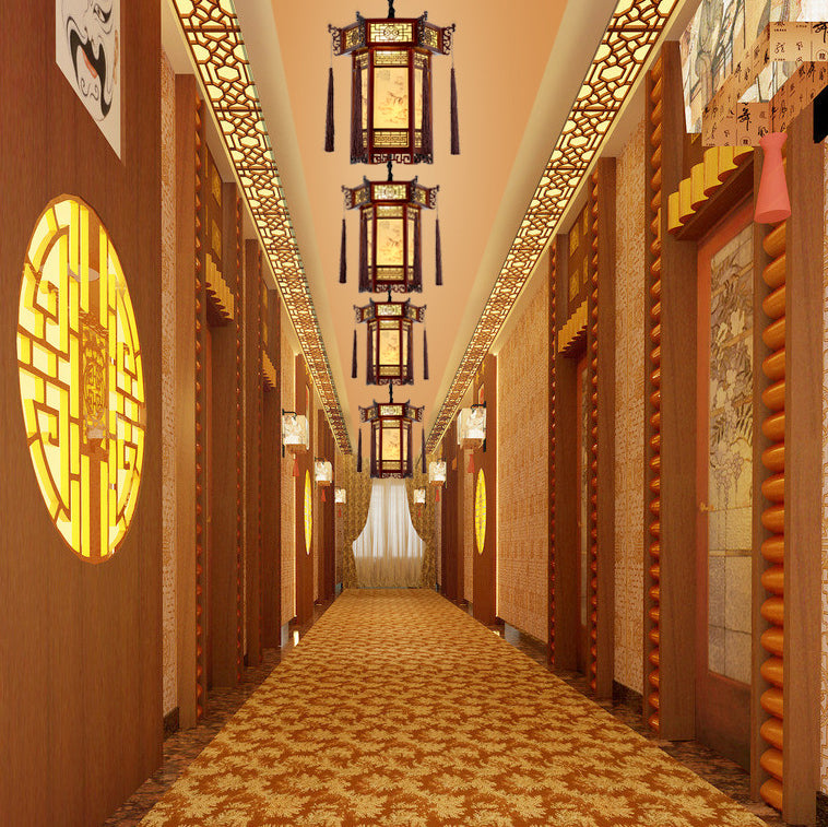 Traditional Chinese Hexagon Wood Paper 1-Light Pendant Light For Living Room
