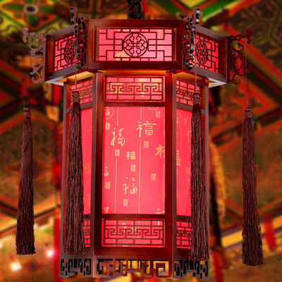 Traditional Chinese Hexagon Wood Paper 1-Light Pendant Light For Living Room