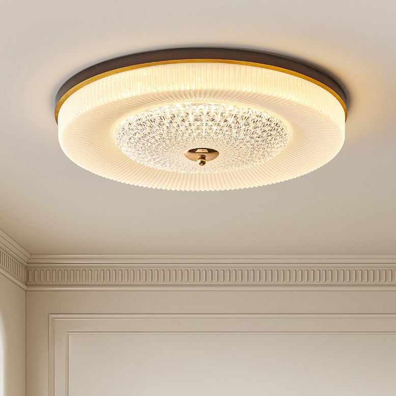 Traditional Vintage Round Wood Acrylic LED Flush Mount Ceiling Light For Living Room