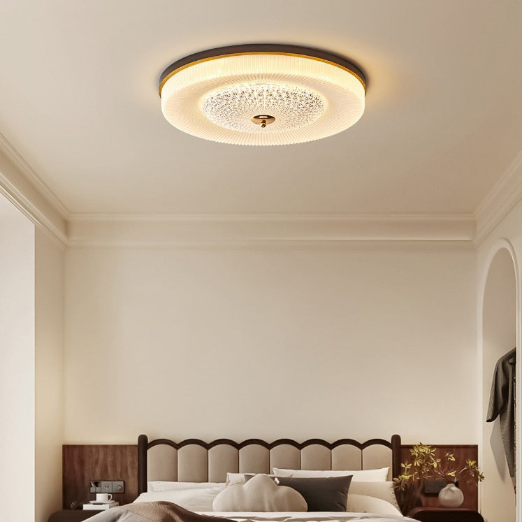 Traditional Vintage Round Wood Acrylic LED Flush Mount Ceiling Light For Living Room