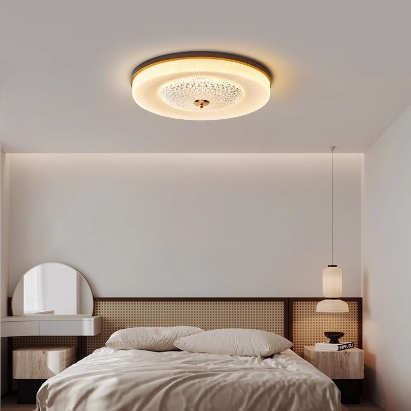 Traditional Vintage Round Wood Acrylic LED Flush Mount Ceiling Light For Living Room