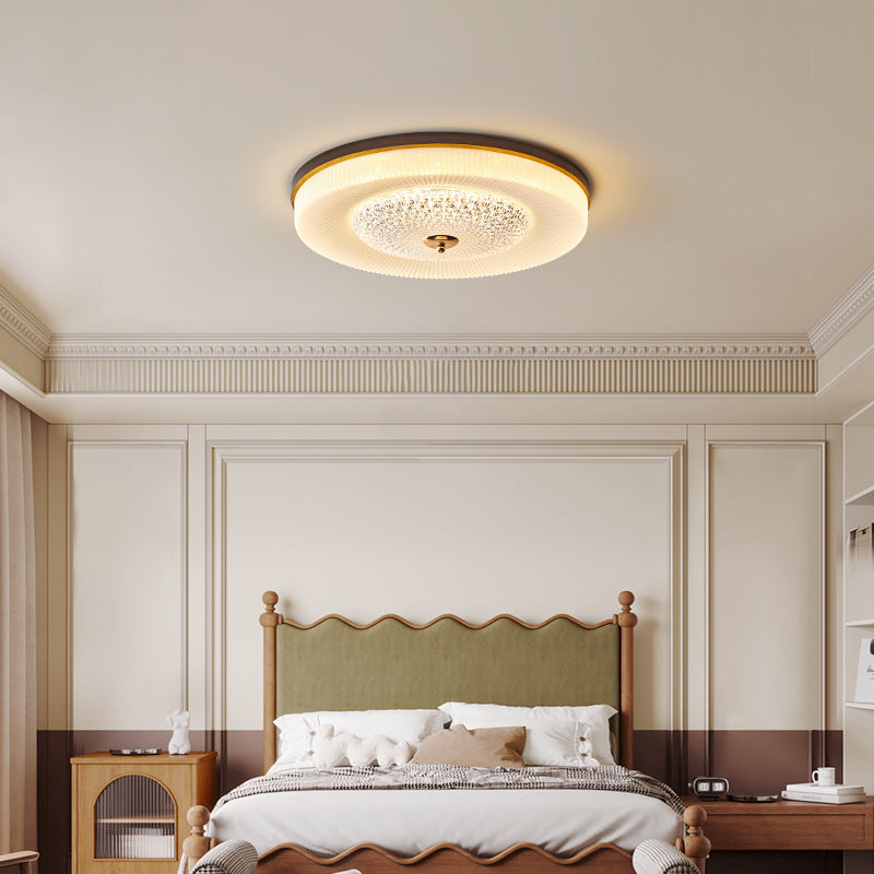 Traditional Vintage Round Wood Acrylic LED Flush Mount Ceiling Light For Living Room