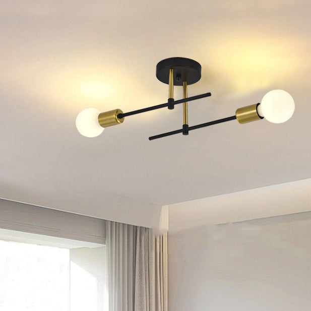Luz de techo semiempotrada de 2 luces de vidrio y hierro con columna nórdica contemporánea para sala de estar 