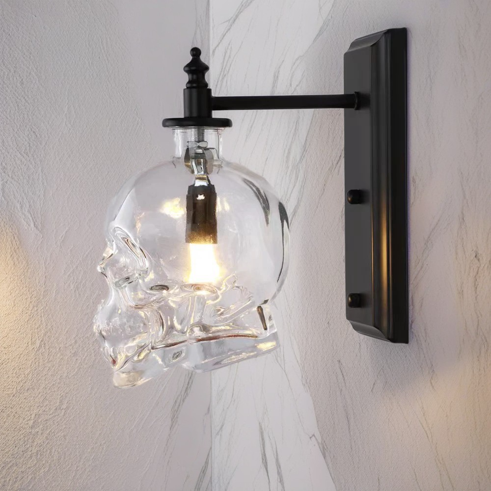 Contemporary Industrial Skull Iron Glass 1-Light Wall Sconce Lamp For Living Room