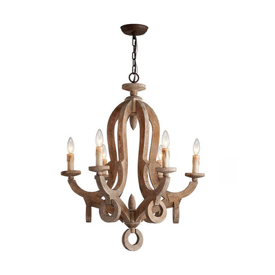 Traditional Rustic Candlestick Wood Glass 6-Light Chandeliers For Living Room