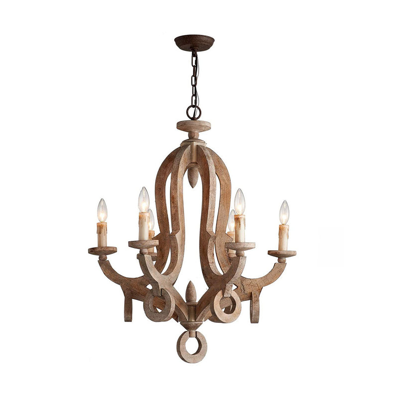 Traditional Rustic Candlestick Wood Glass 6-Light Chandeliers For Living Room