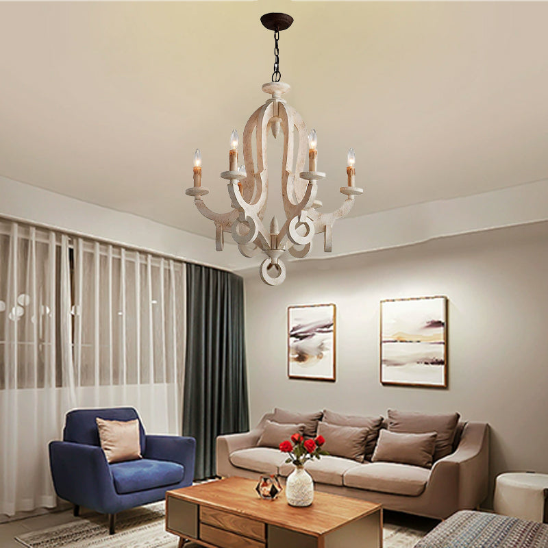 Traditional Rustic Candlestick Wood Glass 6-Light Chandeliers For Living Room