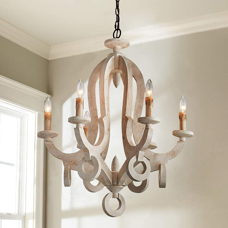Traditional Rustic Candlestick Wood Glass 6-Light Chandeliers For Living Room